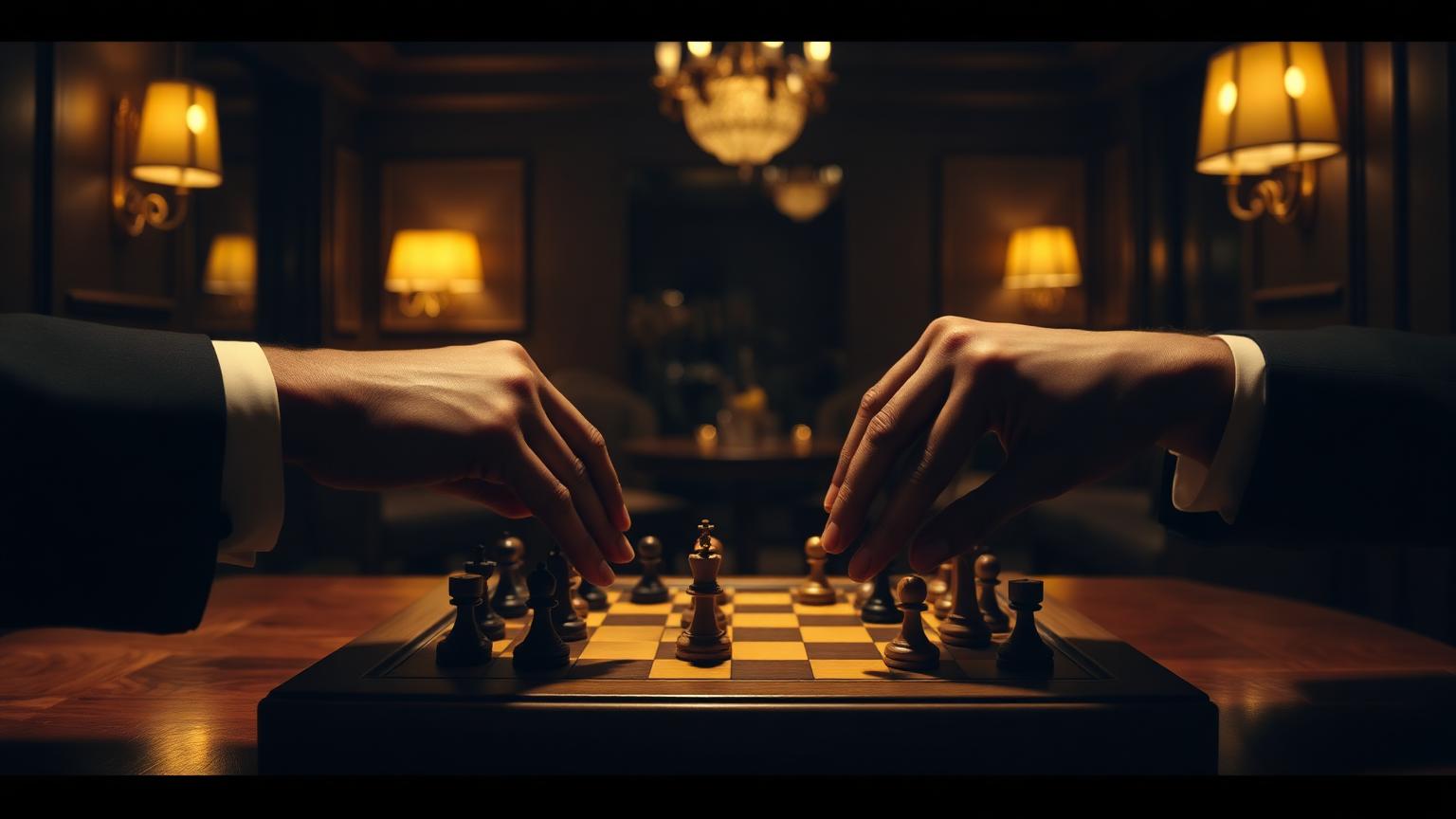 Two players reaching over a wooden chess board in a warmly lit club room