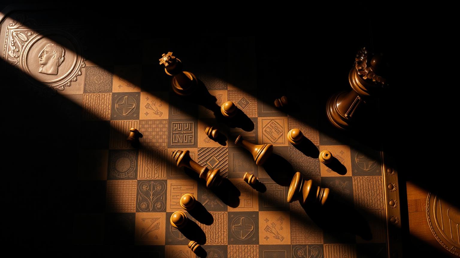 An antique chess board photographed from above with a shaft of gold light