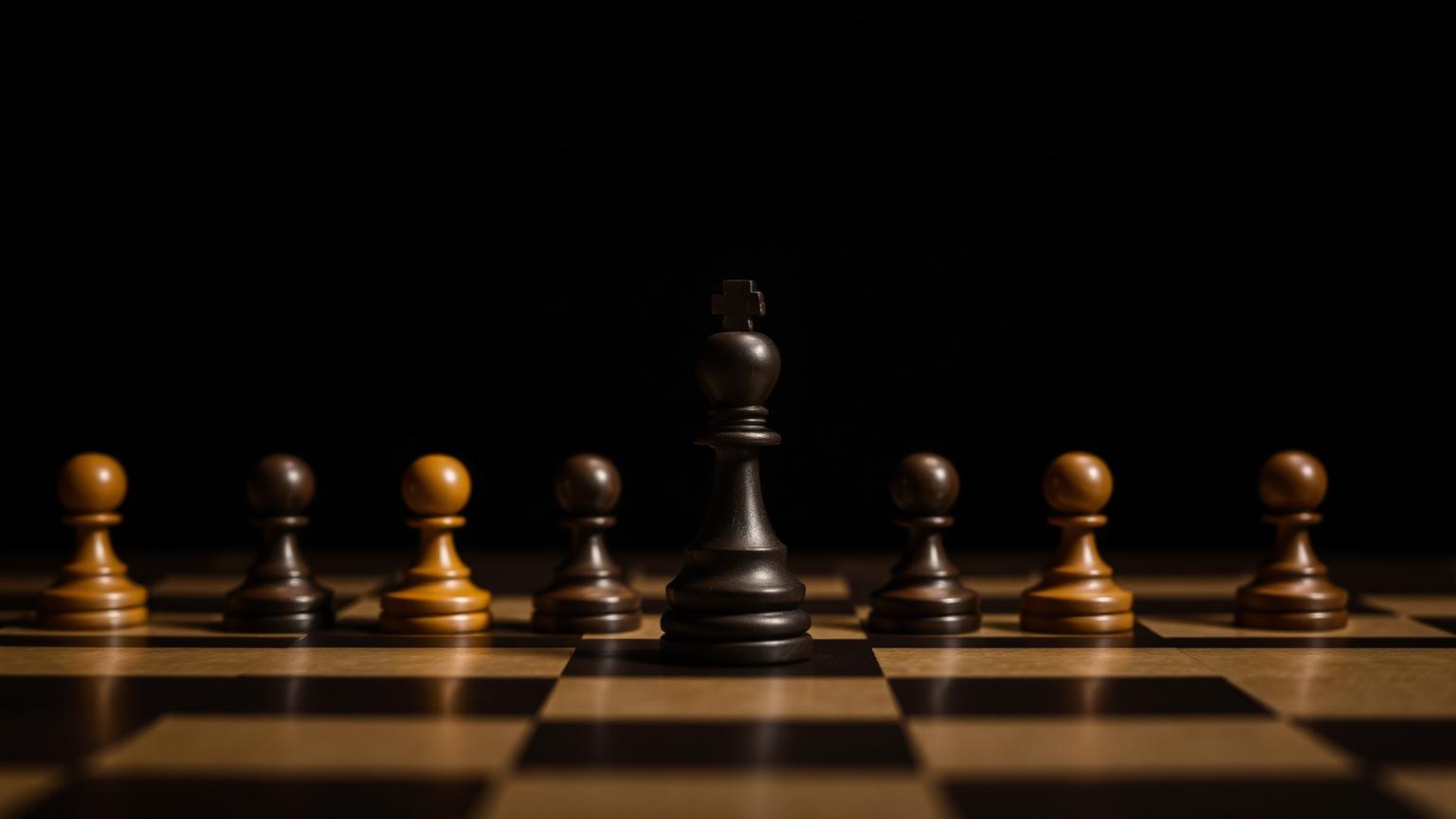 A single dark chess piece standing forward among a row of pawns