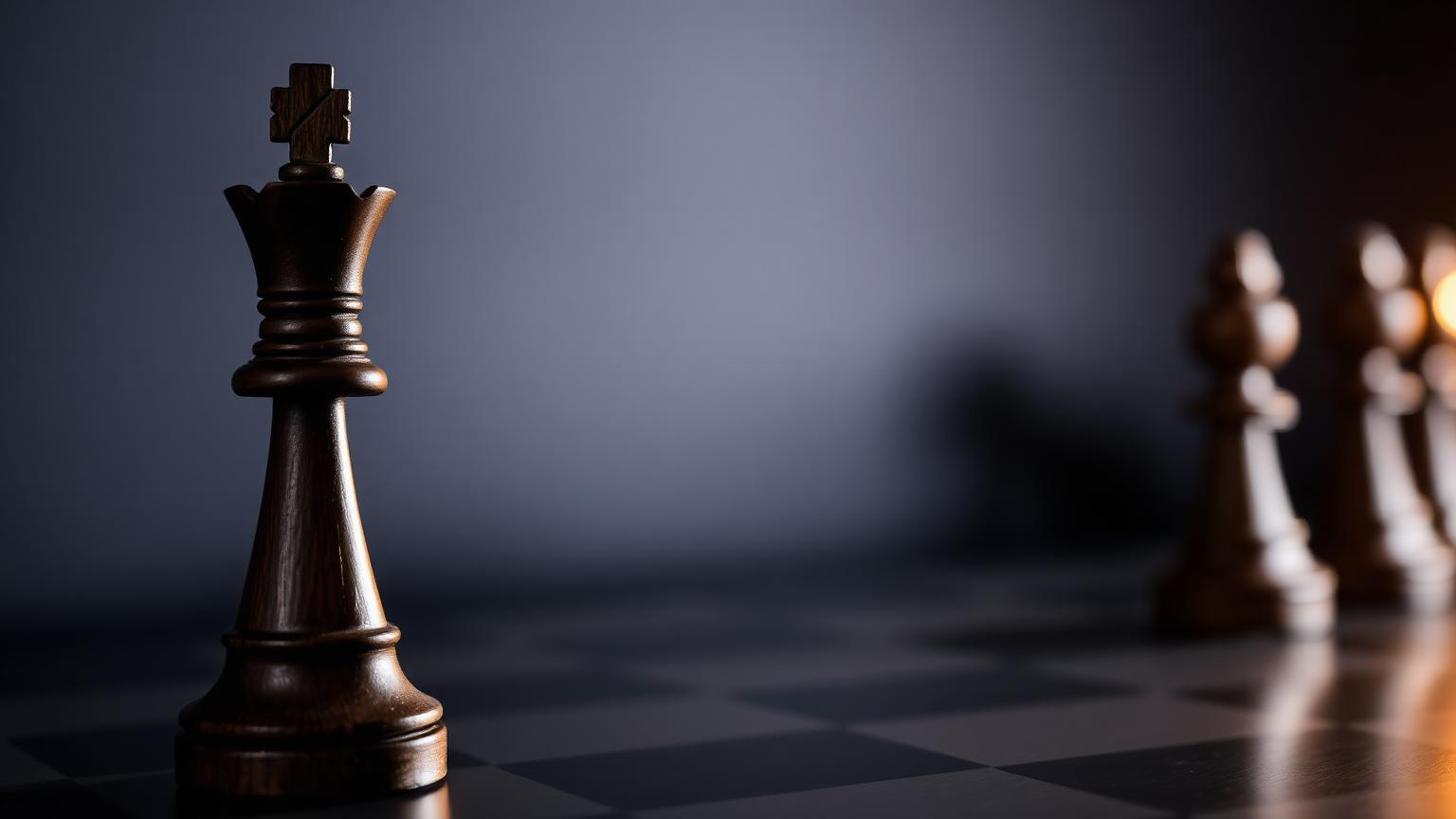 A carved dark wood chess king in front of blurred pawns