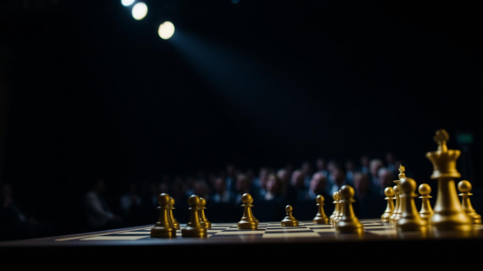 A tournament chess board lit by a spotlight in front of a dim audience