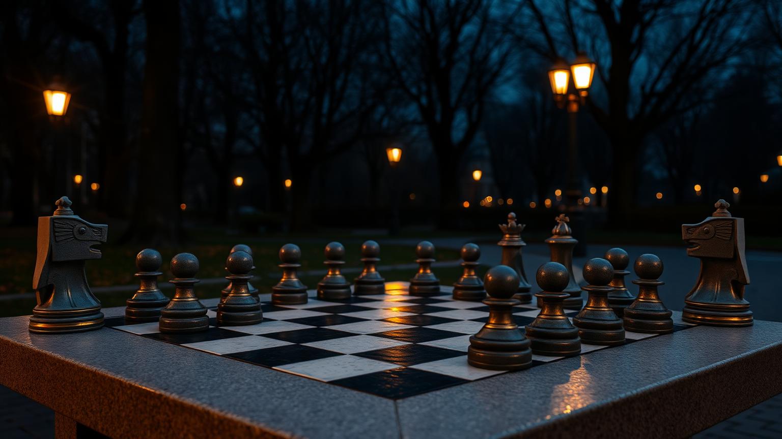 A stone chess table in a city park at dusk under street lamps