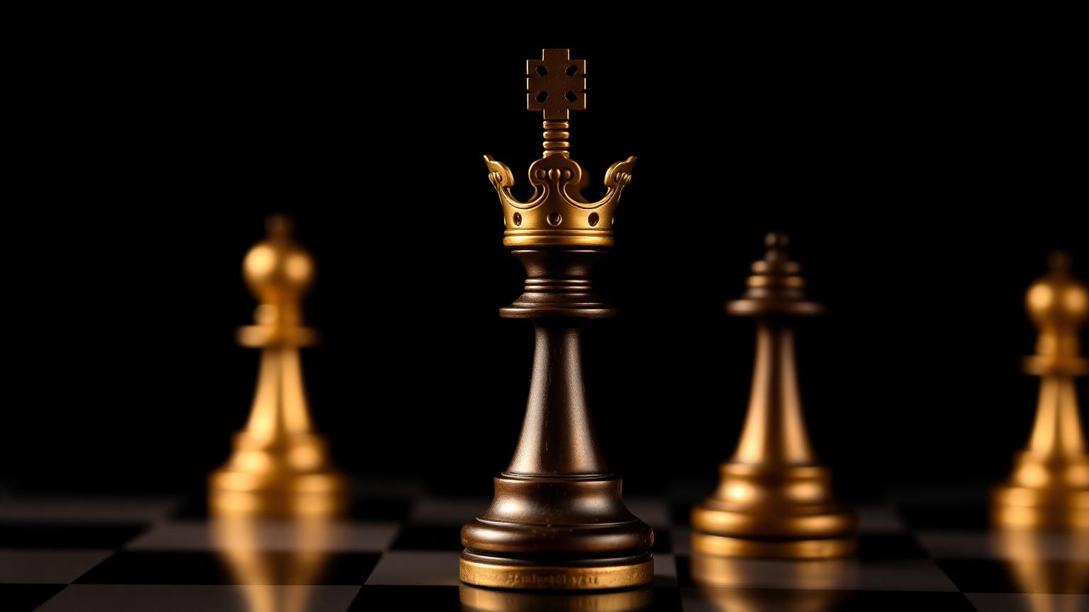 A dark chess king wearing a gold crown among brass pieces