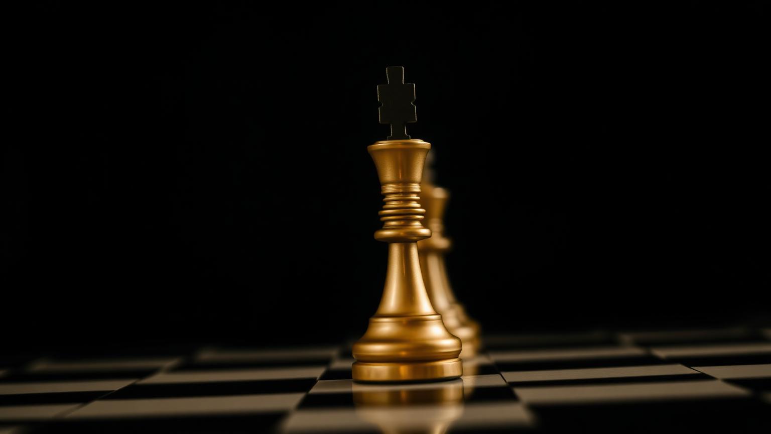 A golden chess king on a board under a single warm light